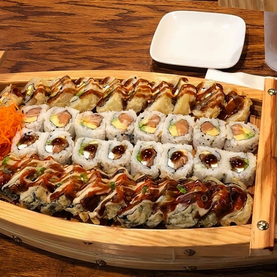 Wooden boat-shaped platter filled with assorted sushi rolls, drizzled with sauces and garnished with lemon, carrots, and wasabi.