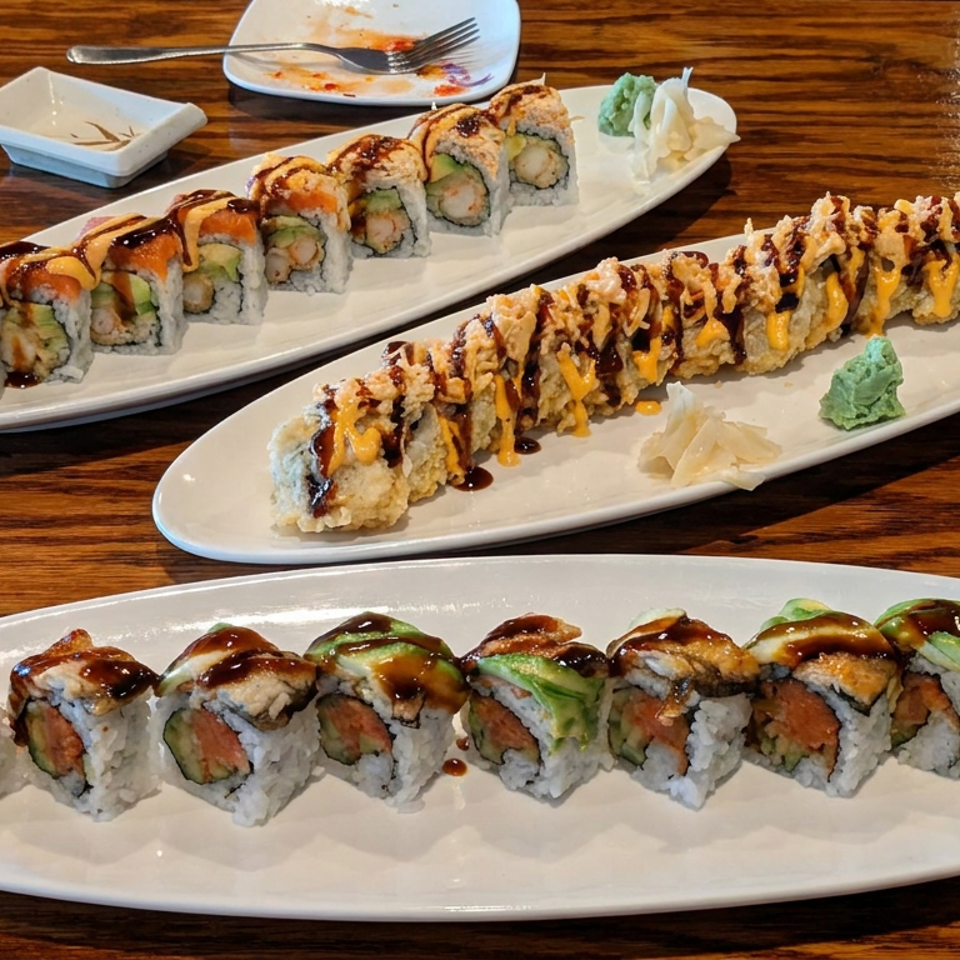 Three platters of assorted sushi rolls drizzled with sauces, served with wasabi and ginger on a wooden restaurant table.