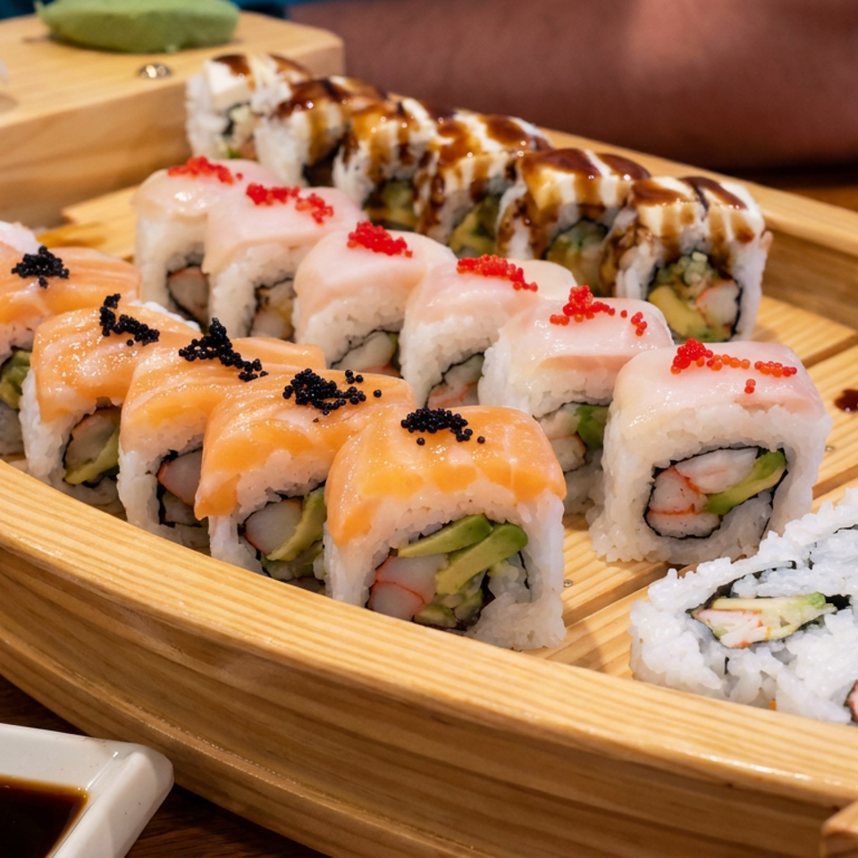 Assorted sushi rolls arranged in a wooden boat serving tray with salmon, fish roe, sauces, and soy dipping sauce.