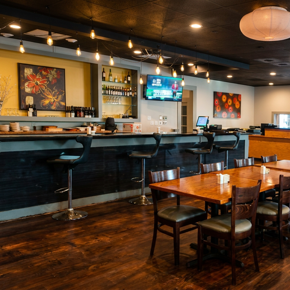 Contemporary restaurant interior with a long bar, pendant lighting, wooden tables, chairs, artwork, and stocked shelves.