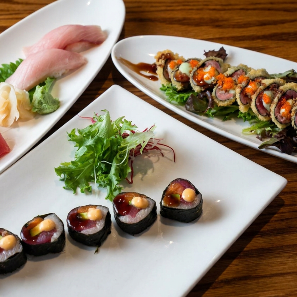Assorted sushi and sashimi arranged on white plates over a wooden table, including tuna, nigiri rolls, greens, and dipping sauces.