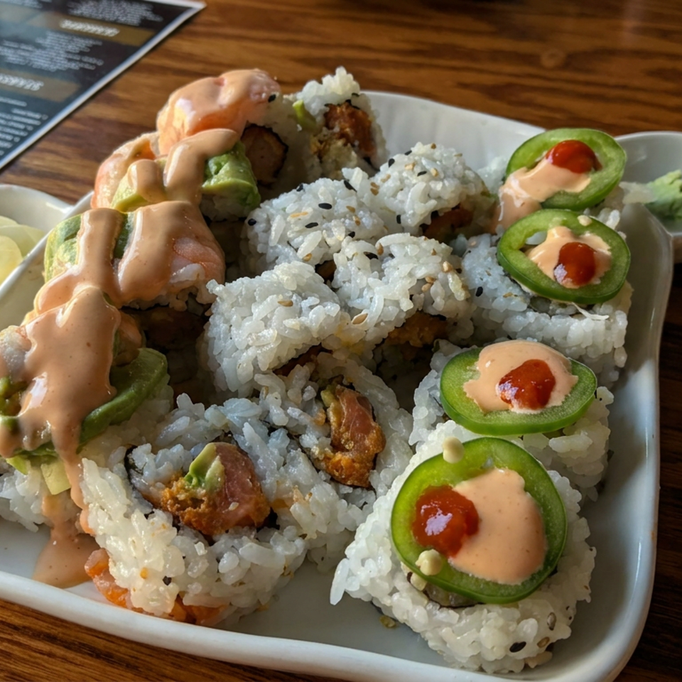 Plate of sushi rolls topped with avocado, jalapeño slices, spicy mayo, and red sauce on a wooden restaurant table.